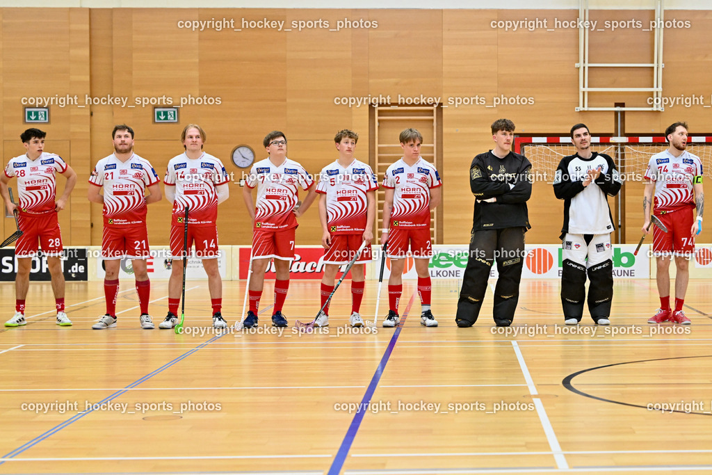 VSV Unihockye vs. KAC Floorball | #28 Gabriel Lekas KAC Floorball, #21 Tobias Grabner KAC Floorball, #14 Pascual Fina KAC Floorball, #7 Niklas Pucher KAC Floorball, #5 Felix Hreniuk KAC Floorball, #2 Mitja Beuthe KAC Floorball, #42 Noah Vallant KAC Floorball, #55 Maximilian Obereder KAC Floorball, #74 Luca Wurmitzer KAC Floorball, KAC Floorball Mannschaft, VSV Unihockye vs. KAC Floorball, VSV Unihockye vs. KAC Floorball am 13.04.2025 in Villach (Ballspielhalle St. Martin), Austria, (Photo by Bernd Stefan)
