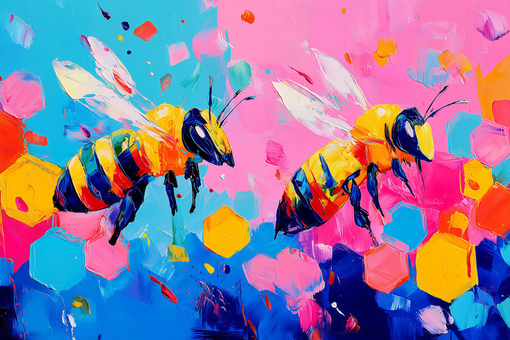 2603020 - Pop Art Bienen | Farbenfroh, lebendig und modern – dieses ausdrucksstarke Kunstmotiv zeigt zwei Bienen in einer dynamischen, abstrakten Farbkomposition. Leuchtende Kontraste und geometrische Farbflächen verleihen dem Bild eine fröhliche und energiegeladene Ausstrahlung. Das Motiv verbindet Natur mit moderner Kunst und eignet sich perfekt als dekorativer Blickfang für Wohnzimmer, Küche, Büro oder kreative Räume.