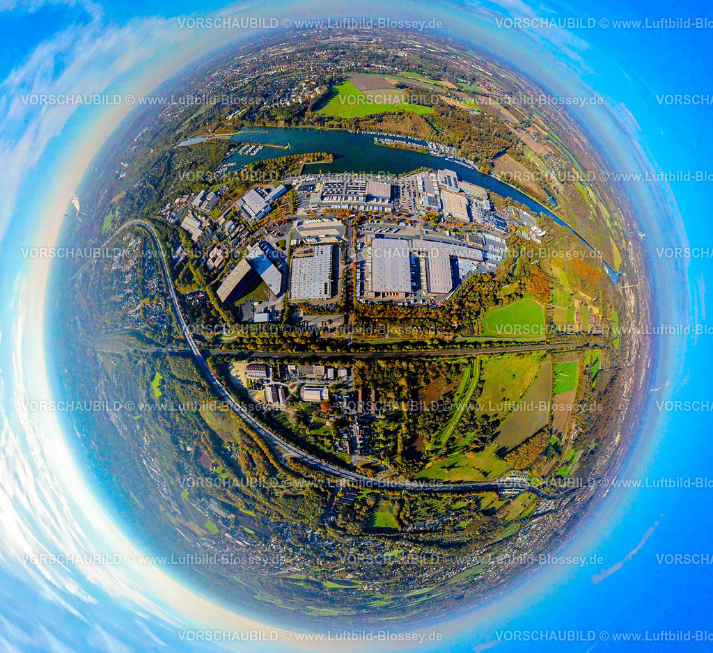 Herne241090444GewerbegebietFriedrichDerGrosse | Luftbild, Gewerbegebiet Friedrich der Große, Herner Meer und Yachthafen am Rhein-Herne-Kanal, Erdkugel, Fisheye Aufnahme, Fischaugen Aufnahme, 360 Grad Aufnahme, tiny world, little planet, fisheye Bild, Horsthausen, Herne, Ruhrgebiet, Nordrhein-Westfalen, Deutschland