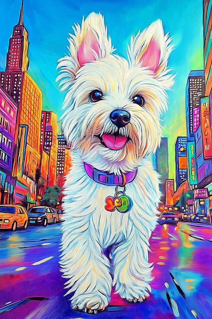 2410017 - Westie in Manhattan | Ein lustiger West Highland White Terrier in Manhattan im Stil eines Gemäldes.