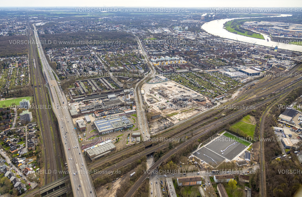 Duisburg230301985 | Luftbild, Abrissarbeiten auf dem ehemaligen Gelände der Didier-Werke, geplante neue Gesamtschule, gegenüber dem DVG-Betriebshof Grunewald, Fluss Rhein, Wanheimerort, Duisburg, Ruhrgebiet, Nordrhein-Westfalen, Deutschland