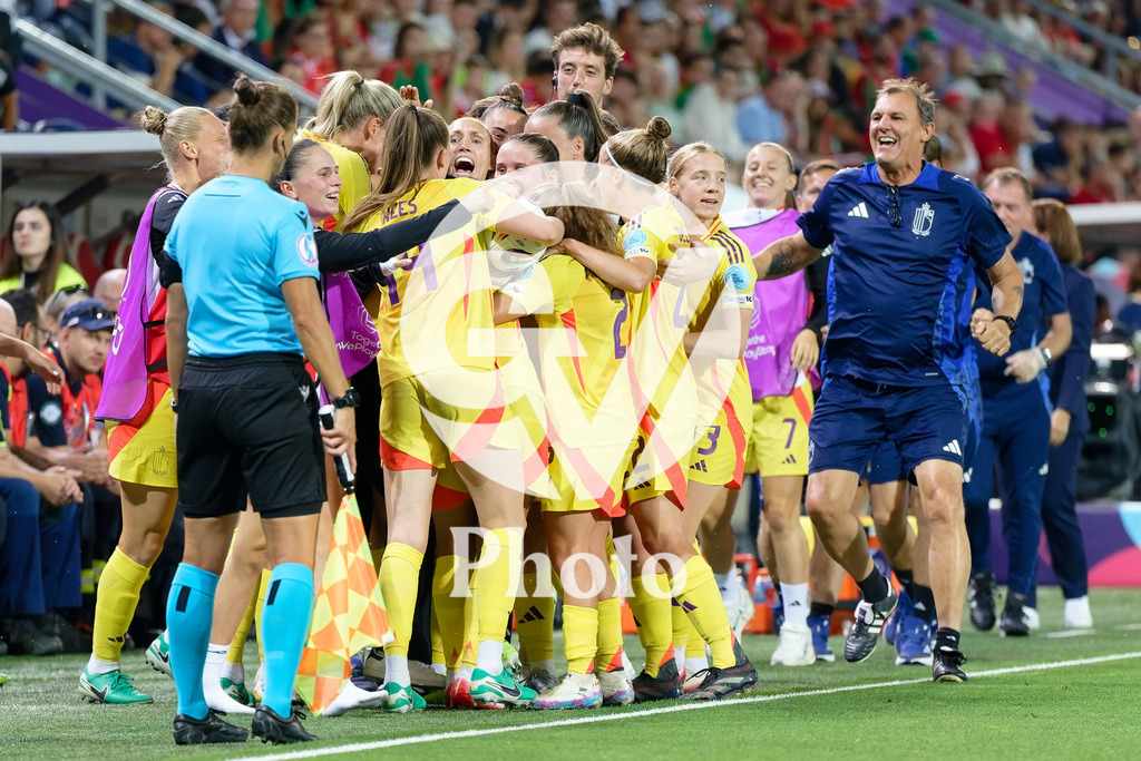 Portugal v Belgium: UEFA Women's EURO 2025 Group B | SION, SWITZERLAND - JULY 11: Belgium celebrates after winning during the UEFA Women's EURO 2025 Group B match between Portugal and Belgium at Stade de Tourbillon on July 11, 2025 in Sion, Switzerland. (Photo by Giuseppe Velletri/Sports Press Photo/Getty Images)