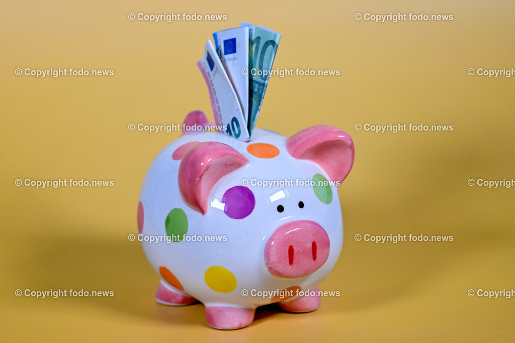 Sparschwein_ 21.12.2024-11 | 21.12.2024, Linz, AUT, Sparschwein, im Bild Themenbild, Sparschwein, Schwein, sparen, Geld, Euroscheine, Muenzen