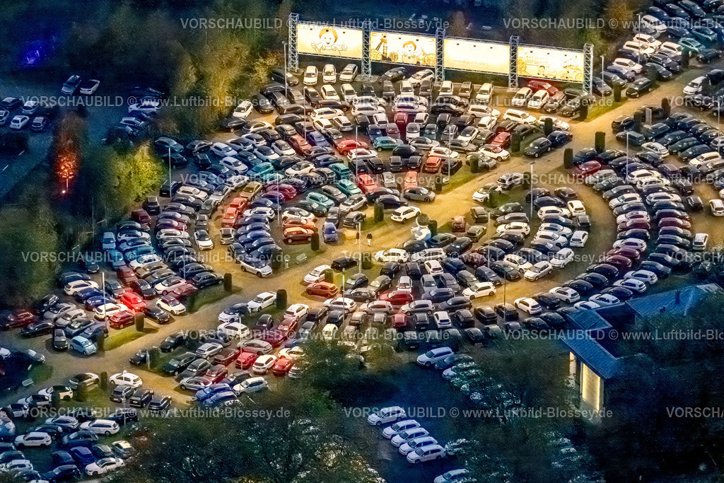 Hamm231103654Nacht | Luftbild, Nachtaufnahme, beleuchtetes Autohaus Potthoff Autohändler, kreisrunder Parkplatz für PKW, Bockum-Hövel, Hamm, Ruhrgebiet, Nordrhein-Westfalen, Deutschland