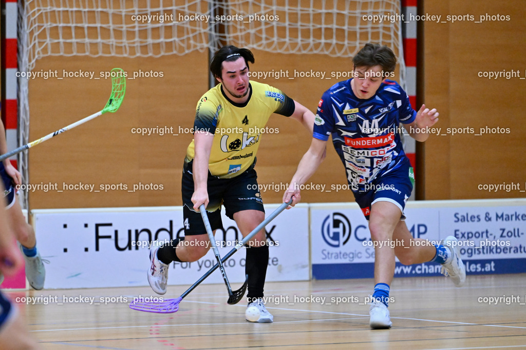 VSV Unihockey  vs. FBK Loka  | #4 Maj Oman FBK Loka, #44 Luca Widnig VSV Unihockey, VSV Unihockey  vs. FBK Loka , VSV Unihockey  vs. FBK Loka  am 25.01.2026 in Villach (Ballspielhalle St. Martin), Austria, (Photo by Bernd Stefan)