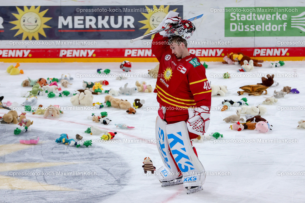 DEG06122401016 | 06.12.2024, Düsseldorf, Eishockey, Penny DEL, PSD-BANK Dome, Düsseldorfer EG - Löwen Frankfurt: Zuschauer werfen Kuscheltiere auf das Eis die zum Guten Zweck gespendet werden. Spendenaktion. Goalie Henrik Haukeland (DEG #40) hilft beim Einsammeln der Stofftiere