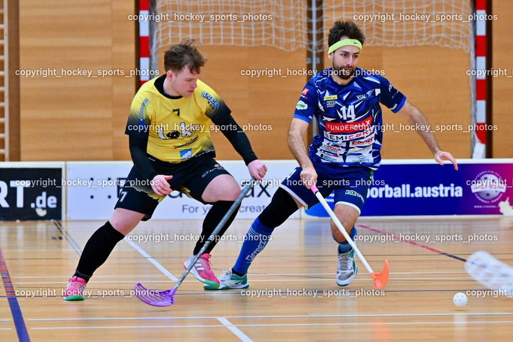 VSV Unihockey  vs. FBK Loka  | #7 Anže Podobnik FBK Loka, #14 Michael Klemm VSV Unihockey, VSV Unihockey  vs. FBK Loka , VSV Unihockey  vs. FBK Loka  am 25.01.2026 in Villach (Ballspielhalle St. Martin), Austria, (Photo by Bernd Stefan)