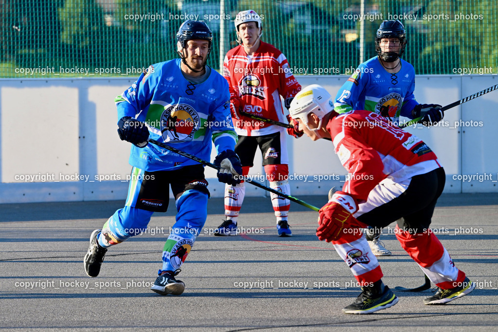 ASKÖ Ballhockey Villach vs. HSC Eagles Poggersdorf | #22 Friedrich Lukas, #12 Malli Nicolas, #18 Steinwender Oliver, #10 Sunitsch Marco, ASKÖ Ballhockey Villach vs. HSC Eagles Poggersdorf, ASKÖ Ballhockey Villach vs. HSC Eagles Poggersdorf am 05.07.2024 in Villach (Alpen Arena ), Austria, (Photo by Bernd Stefan)