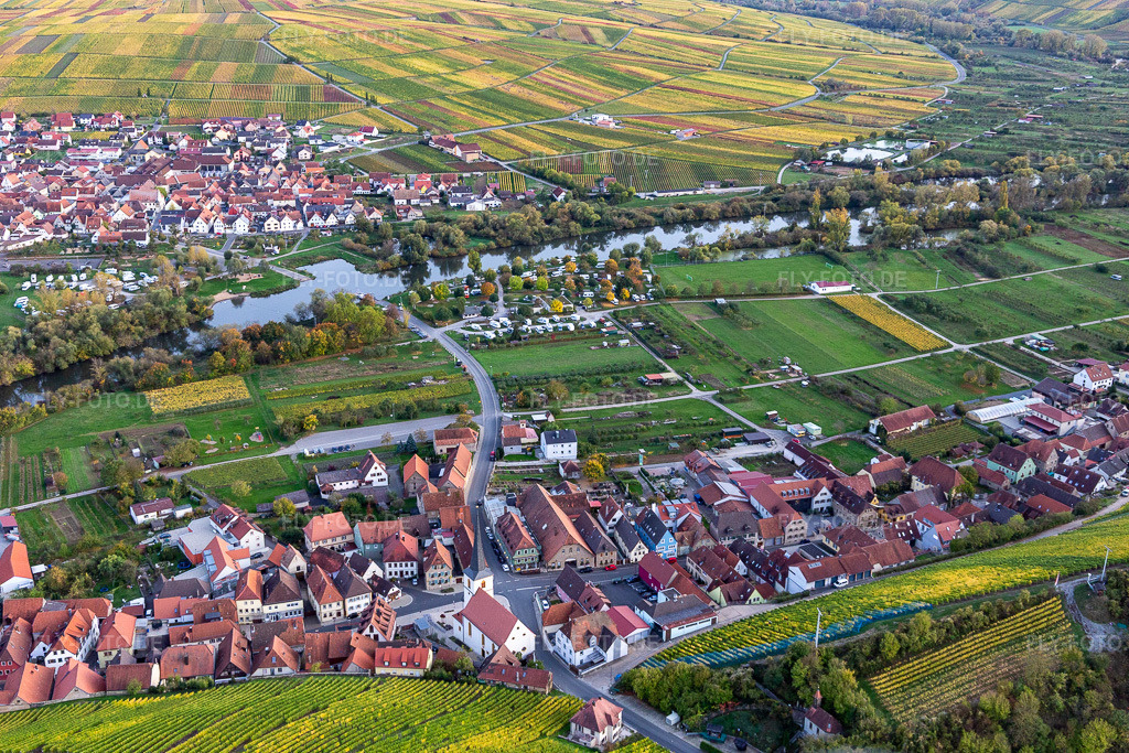 Luftbild: Fluß- Uferbereichen des Main in Escherndorf im Ortsteil Escherndorf in Volkach im Bundesland Bayern in Deutschland. Foto: IMG_119462.jpg vom 25.10.2019 durch Werner Riehm/FLY-FOTO.de