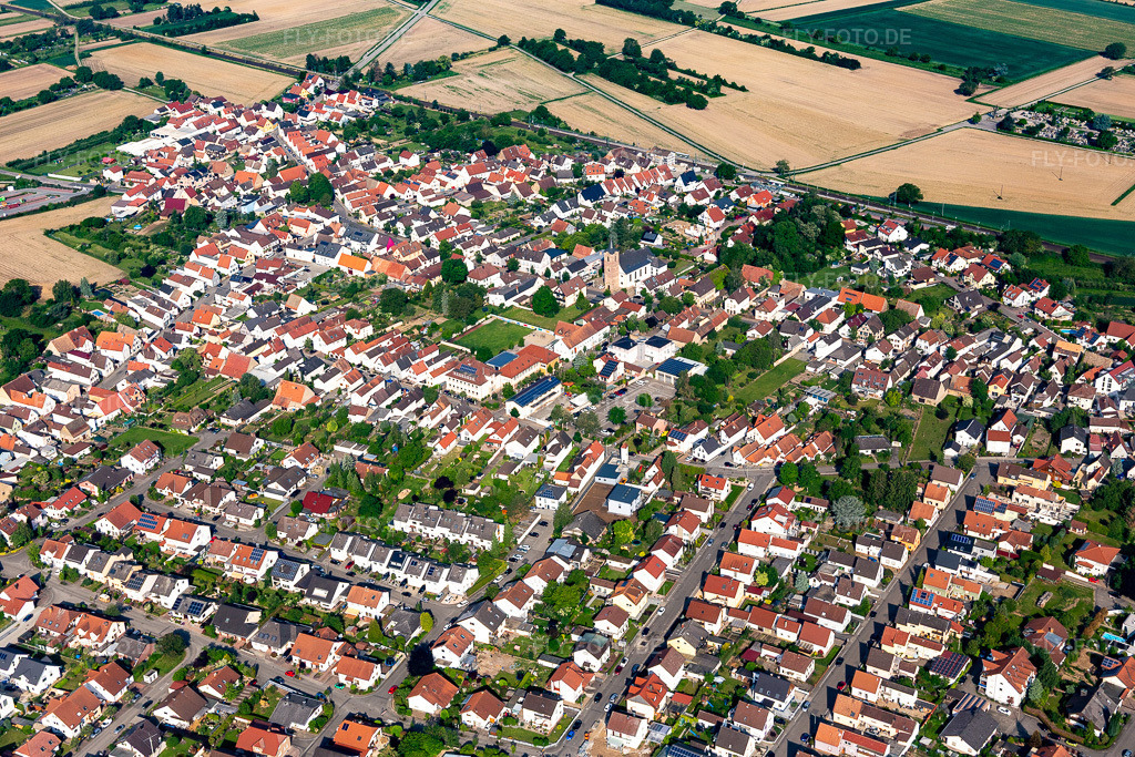 Luftbild: Ortsansicht von Nordosten im Ortsteil Heiligenstein in Römerberg im Bundesland Rheinland-Pfalz in Deutschland. Foto: IMG_114253.jpg vom 26.05.2019 durch Werner Riehm/FLY-FOTO.de