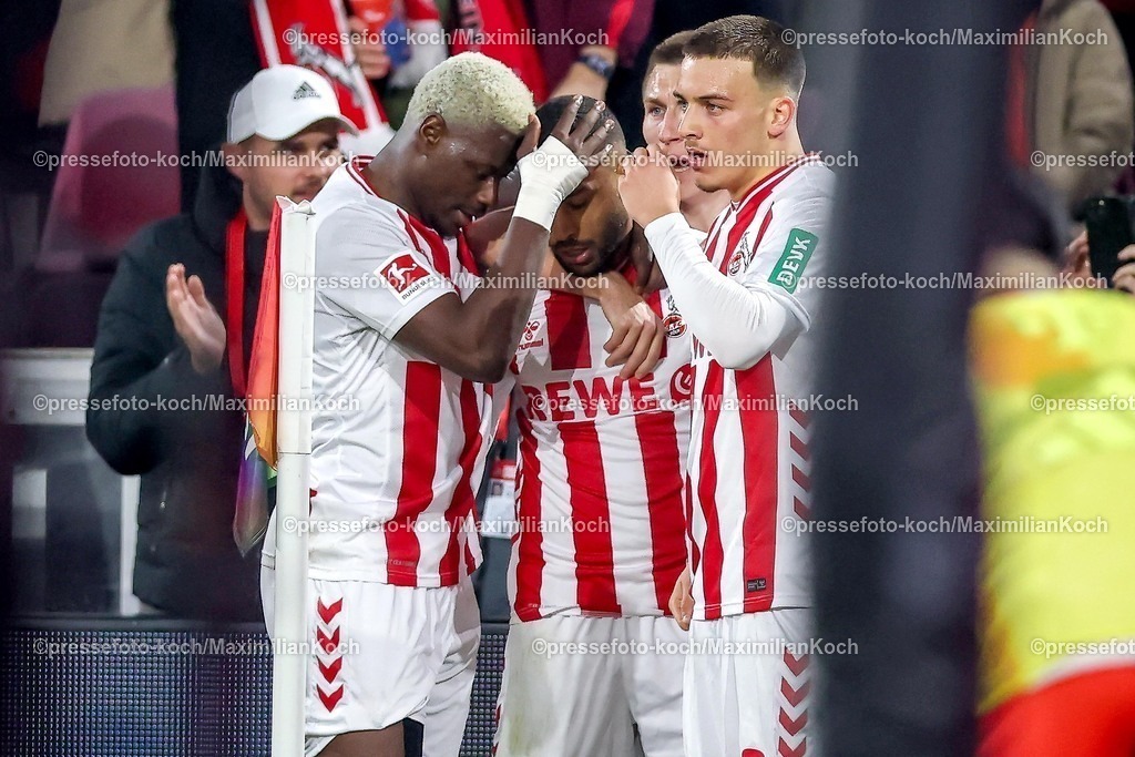 1FC14012601023 | 14.01.2026, Fußball, 1. FC Köln - FC Bayern München, 1. Fußball Bundesliga, 17. Spieltag, RheinEnergie-STADION, Saison 2025 2026: Torjubel nach dem Tor zum 1:0 durch Torschütze Linton Maina (1FC Koeln #37)  zusammen mit Ragnar Ache (1FC Koeln #09) Said El Mala (1FC Koeln #13)   DFB regulations prohibit any use of photographs as image sequences and or quasi-video.