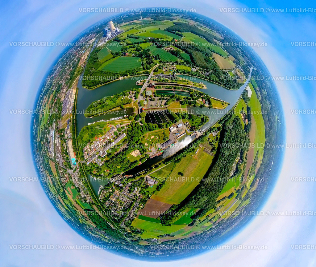 Waltrop240590410Schiffshebewerk_Dortmund-Ems-Kanal-2 | Luftbild, LWL-Museum Schiffshebewerk Henrichenburg, Schleusenpark Waltrop, Dortmund-Ems-Kanal und Rhein-Herne-Kanal, oben das Kraftwerk Datteln 4, Erdkugel, Fisheye Aufnahme, Fischaugen Aufnahme, 360 Grad Aufnahme, tiny world, little planet, fisheye Bild, Meckinghoven, Datteln, Ruhrgebiet, Nordrhein-Westfalen, Deutschland