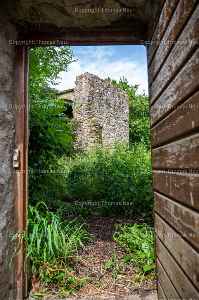 DSC_1255 | 15.06.2025, Liindenfels, verwunschener Garten? Blick durch eine Tür bei der kathilischen Kirche in Lindenfels, ,, Bild: Thomas Neu