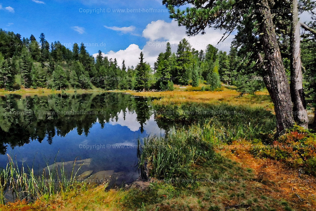 PAD2_RH_Lej-Nair_See_150x100 | DIGITALKUNST. Am Moorsee Lej Nair zwischen Champfèr und Silvaplana im Oberengadin. 
__ Das Basisfoto für dieses malerisch verwandelte Werk hat der Schweizer Hobbyfotograf Rene Hinder gemacht und es Bernt Hoffmann für dessen Kunstpart zur Verfügung gestellt. - Realisiert mit Pictrs.com