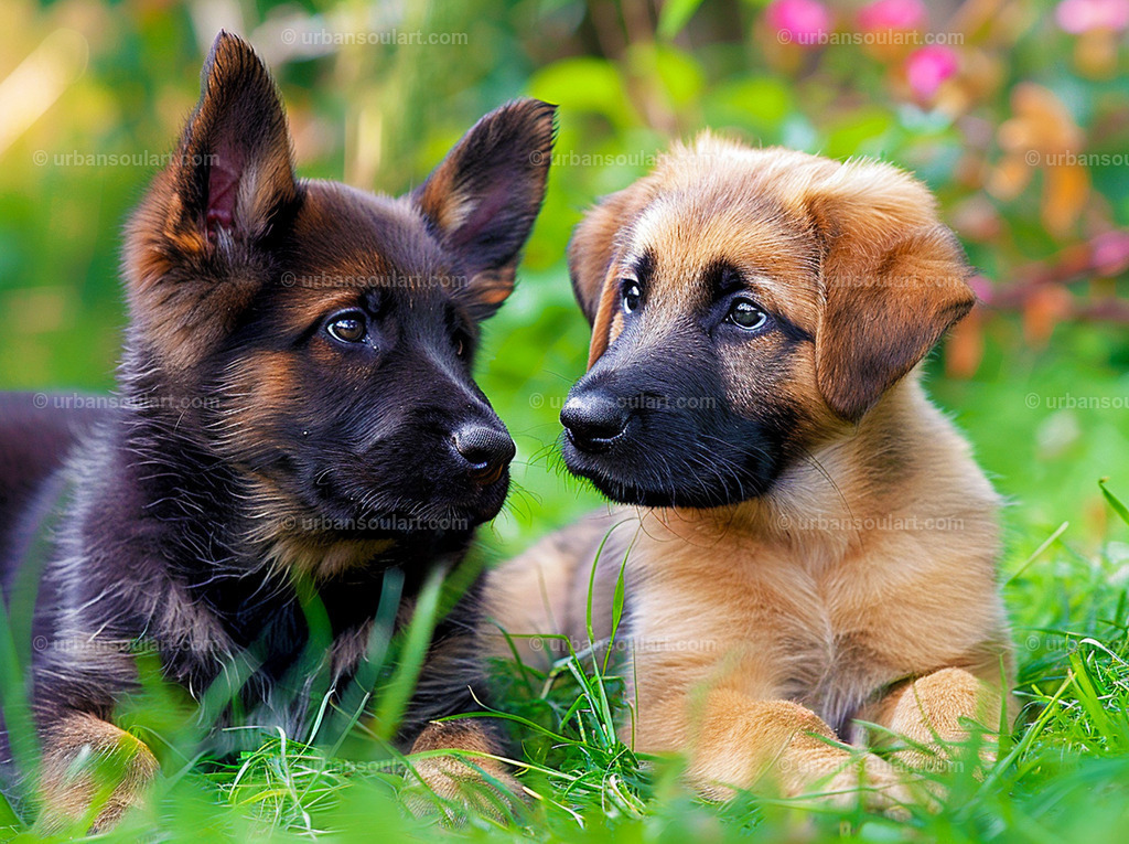 Puppies In The Gras - German Shepard And Labrador | Adorable German Shepherd and Labrador puppies lying together on lush green grass. This heartwarming canvas captures the innocence and beauty of young dogs in a natural setting, perfect for dog lovers looking to add warmth to their home decor. A perfect gift for pet enthusiasts or anyone who cherishes the playful charm of puppies. - Realisiert mit Pictrs.com