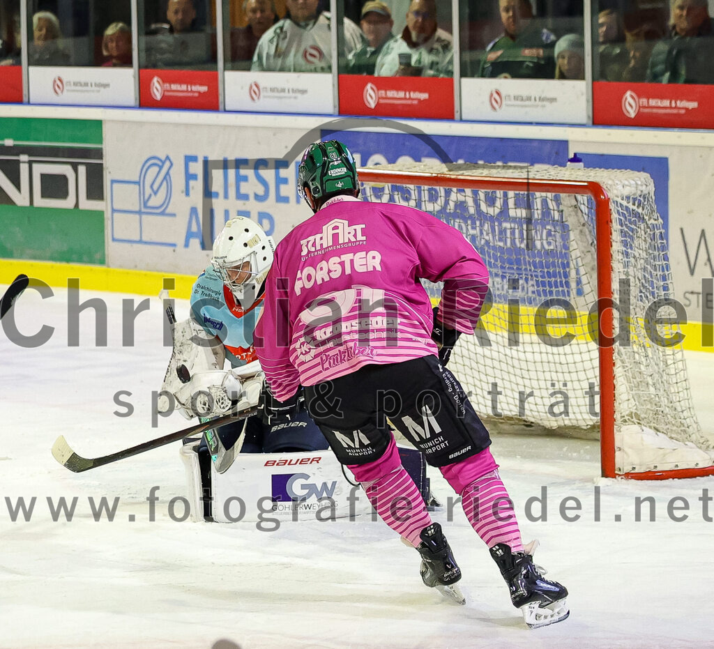 2025-10-05_145_TSV_Erding_gegen_Heilbronner_Falken | Erding, Deutschland, 05.10.2025:Eishockey, Oberliga Süd 2025 / 2026, 6. Spieltag, TSV Erding gegen Heilbronner Falken, Endergebnis: 3:1Torwart Franz Jokinen (Heilbronner Falken, #75), Maximilian Forster (Erding Gladiators, #81)Foto: Christian Riedel / fotografie-riedel.net