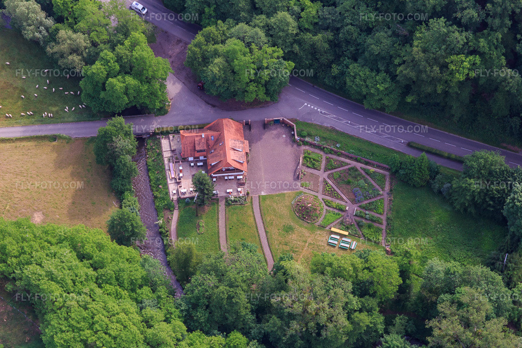 Aerial view: Café on the Lauter in the district Sankt Germanshof in Wissembourg in the state Bas-Rhin, France.Photo: IMG_100709.jpg taken on 06/05/2017 by Werner Riehm/FLY-FOTO.comResolution of the original: 5472 x 3648 px