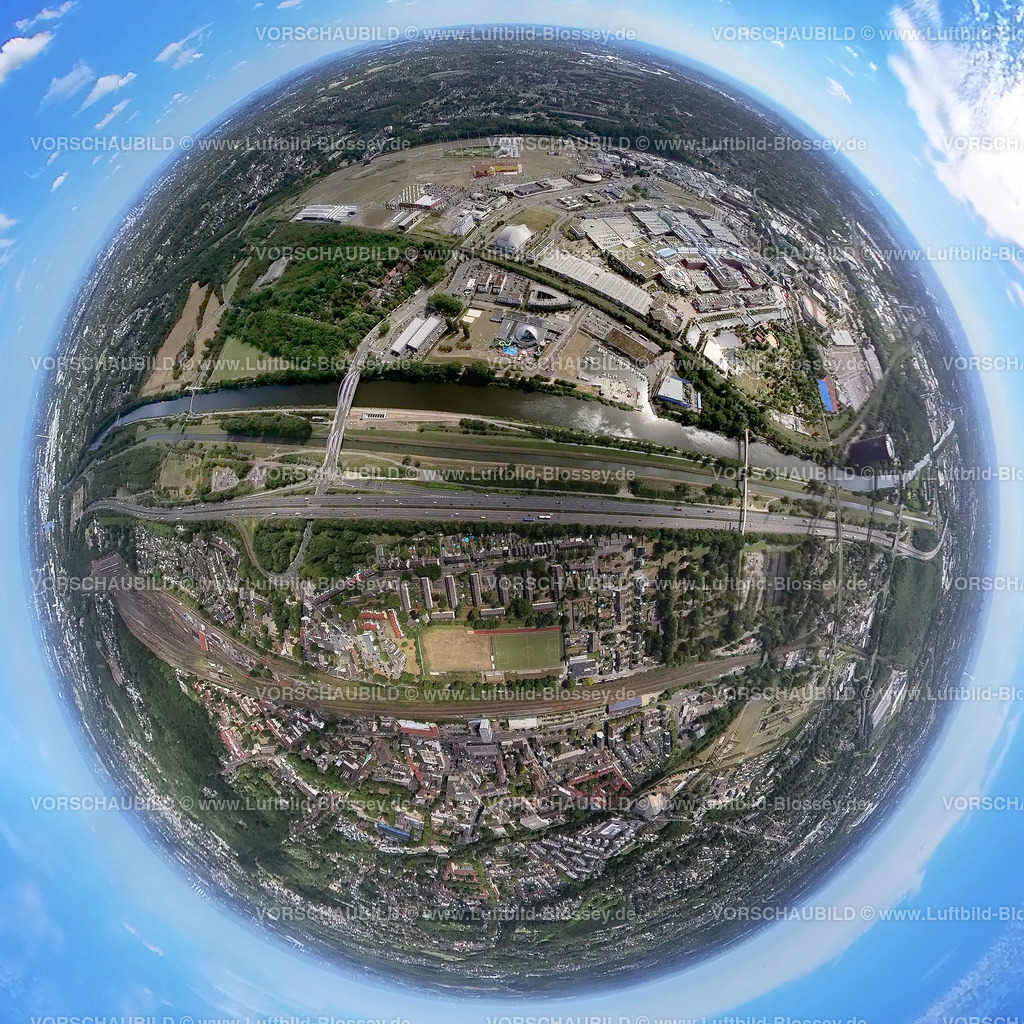 Oberhausen20220803_1NeueMitte | Luftbild, Westfield Centro Oberhausen, Einkaufszentrum Neue Mitte, Rhein-Herne-Kanal und Autobahn A42, Fisheye Aufnahme, Fischaugen Aufnahme, 360 Grad Aufnahme, Borbeck, Oberhausen, Ruhrgebiet, Nordrhein-Westfalen, Deutschland