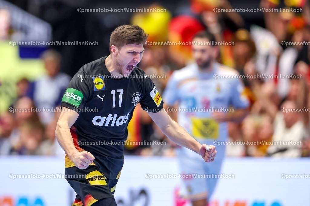 EHF19012602048 | 19.01.2026, Handball, Men's EHF EURO 2026, Deutschland - Spanien, Jyske Bank Boxen in Herning, Dänemark, Preliminary Round:  Lukas Zerbe (Germany #17) jubelnd