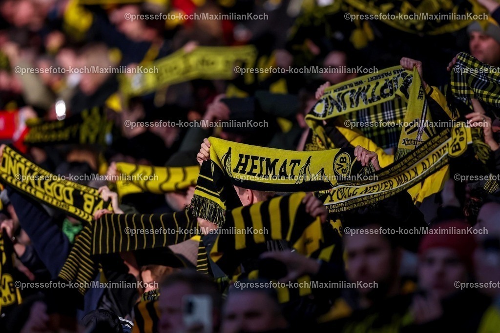 BVB08022502255 | 08.02.2025, Fußball, Borussia Dortmund - VfB Stuttgart, 1. Fußball Bundesliga, 21. Spieltag, Signal Iduna Park, Saison 2024 2025: Feature Schalparade Fans Besucher Zuschauer Fanschal Fanschals Tribüne voll DFB regulations prohibit any use of photographs as image sequences and or quasi-video.