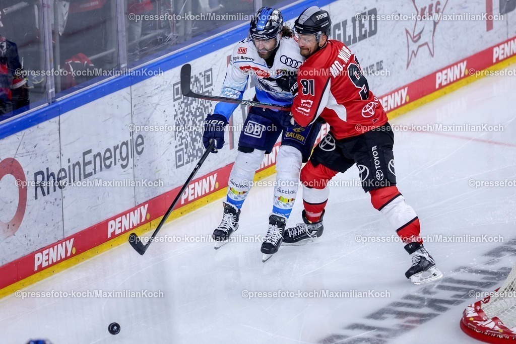 KEC1404251055 | 14.04.2025, Eishockey, DEL Play-offs, Kölner Haie - ERC Ingolstadt, Halbfinale Spiel 6, Lanxess-Arena KölnWojciech Stachowiak (ERC Ingolstadt #19) im Zweikampf gegen Moritz Müller (Kölner Haie #91) 