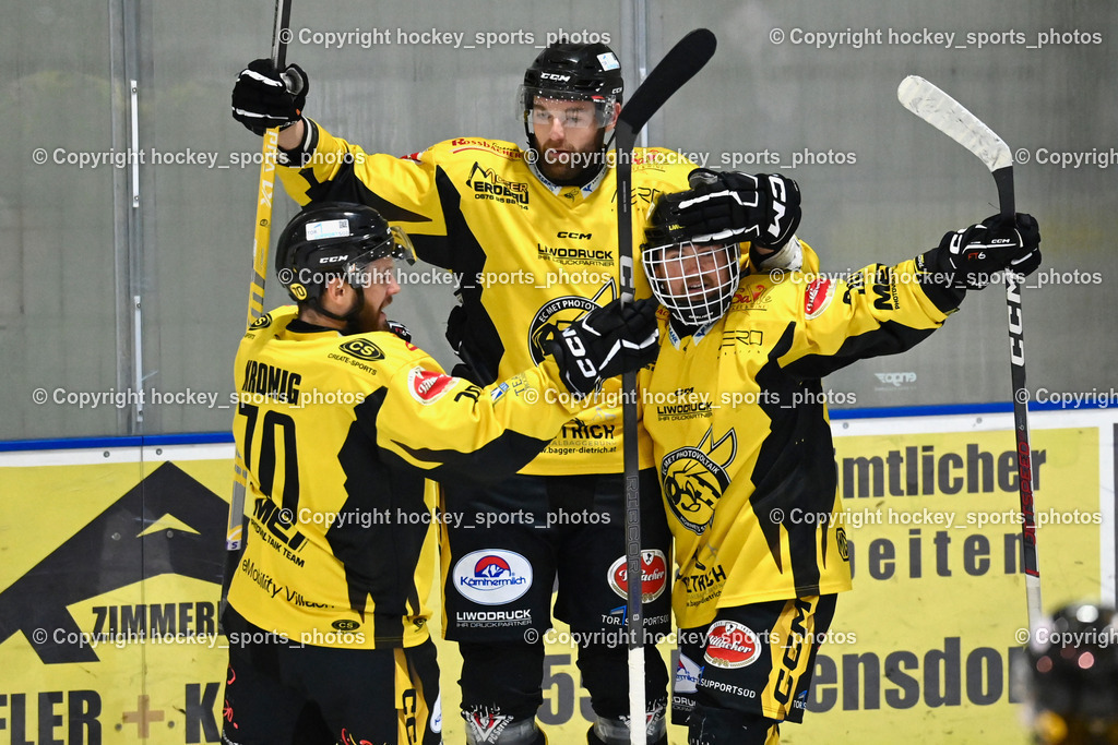 ESC Steindorf vs. MET PHOTOVOLTAIK HORNETS SPITTAL | Jubel HORNETS SPITTAL Mannschaft, #70 Kronig Daniel EC Hornets Spittal, #38 Zorec Marco EC Hornets Spittal, #98 Thalhammer Dominic EC Hornets Spittal, ESC Steindorf vs. MET PHOTOVOLTAIK HORNETS SPITTAL, ESC Steindorf vs. MET PHOTOVOLTAIK HORNETS SPITTAL am 26.10.2024 in Steindorf (Ossiachersee Halle), Austria, (Photo by Bernd Stefan)
