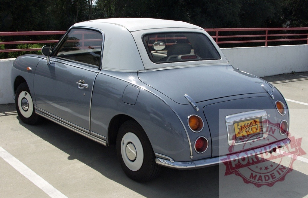 Vintage blue Nissan Figaro convertible parked in urban setting | Classic Nissan Figaro from the early 1990s displaying retro styling with distinctive round taillights - Realized with Pictrs.com