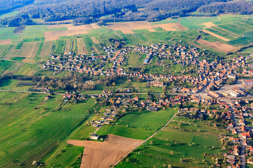 Luftbild: Ortsansicht aus Norden in Oberbronn im Bundesland Bas-Rhin in Frankreich.Foto: IMG_63732.jpg vom 30.03.2014 durch Werner Riehm/FLY-FOTO.deAuflösung des Originals: 4752 x 3168 px
