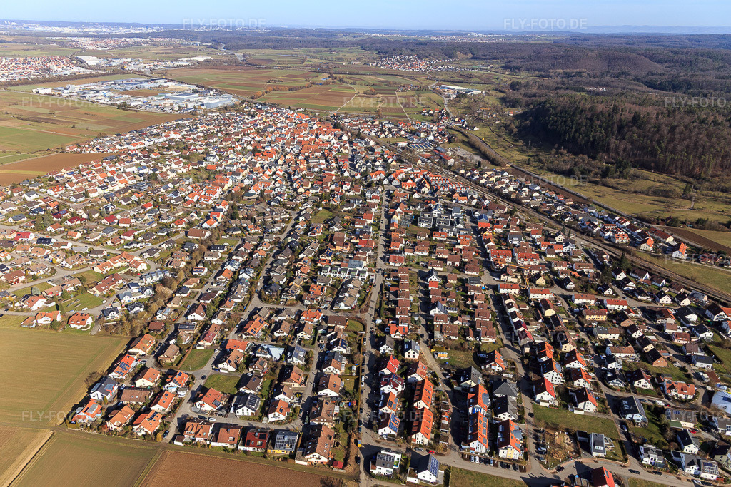 Luftbild: Ortsansicht von Westen in Nufringen im Bundesland Baden-Württemberg in Deutschland. Foto: IMG_125169.jpg vom 20.02.2021 durch Werner Riehm/FLY-FOTO.de