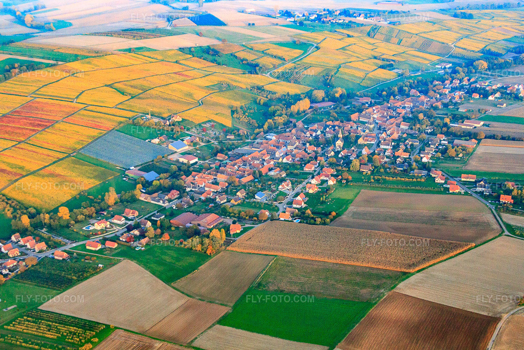 Aerial view: View of the town from the west in Steinseltz in the state Bas-Rhin, France. – Photo: IMG_54261.jpg taken on 10/21/2012 by Werner Riehm/FLY-FOTO.com – Resolution of the original: 4752 x 3168 px