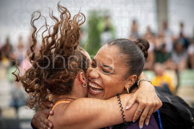 Golden Oval; Dresden, 31.05.2026 | DRESDEN , GERMANY - MAY 31:  Rosina Schneider (GER / Germany) celebrates after the 100m hurdles with shot putter Yemisi Mabry (GER / Germany) during the Golden Oval Continental Tour Silver meeting on May 31, 2026 at Heinz-Steyer-Stadion in Dresden, Saxony, Germany.