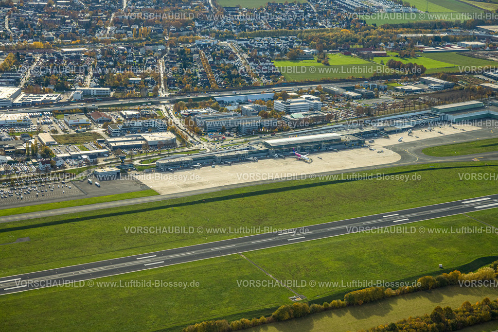 Dortmund251100023Flughafen | Luftbild, Flughafen Dortmund Airport, Abfertigungshalle, Geschäftsviertel Chaussee, Wickede, Dortmund, Ruhrgebiet, Nordrhein-Westfalen, Deutschland, 