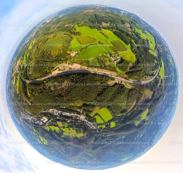 Hagen230990013 A45 Sauerlandlinie Bruecke | Luftbild, Talbrücke Brunsbecke Baustelle, Autobahn A45 Sauerlandlinie, umgeben von Wiesen und Feldern, Erdkugel, Fisheye Aufnahme, Fischaugen Aufnahme, 360 Grad Aufnahme, tiny world, Eilpe, Hagen, Ruhrgebiet, Nordrhein-Westfalen, Deutschland