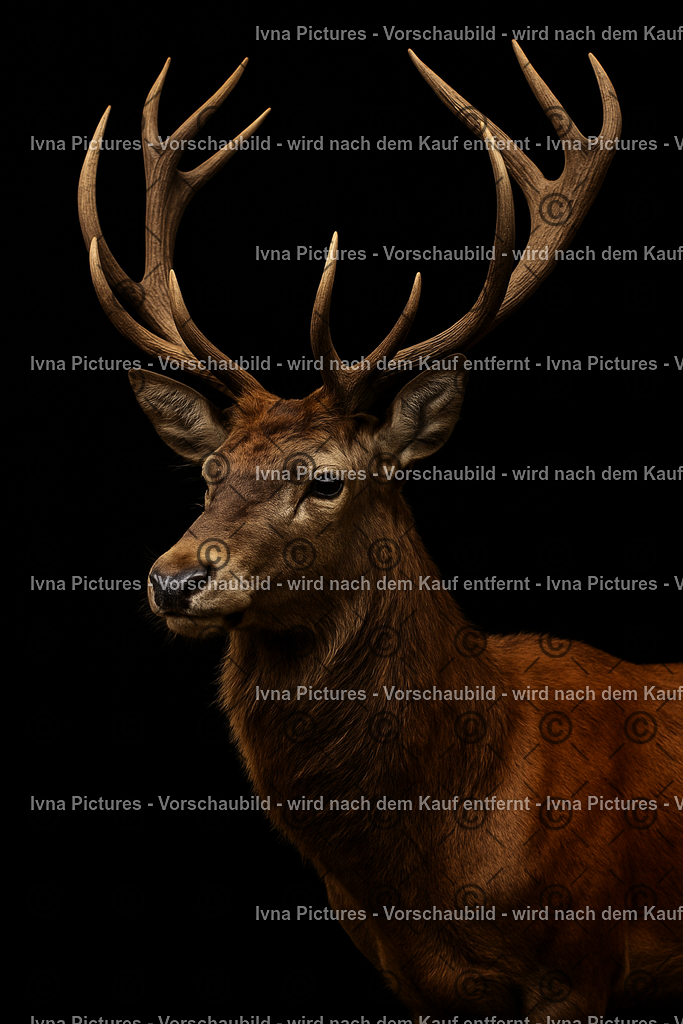 Hirsch im Schatten | in Hirsch mit prächtigem Geweih und leuchtend braunem Fell hebt sich eindrucksvoll vor schwarzem Hintergrund ab. Seine stolze Haltung und majestätische Ausstrahlung verleihen dem Bild Würde und Kraft. - Realisiert mit Pictrs.com