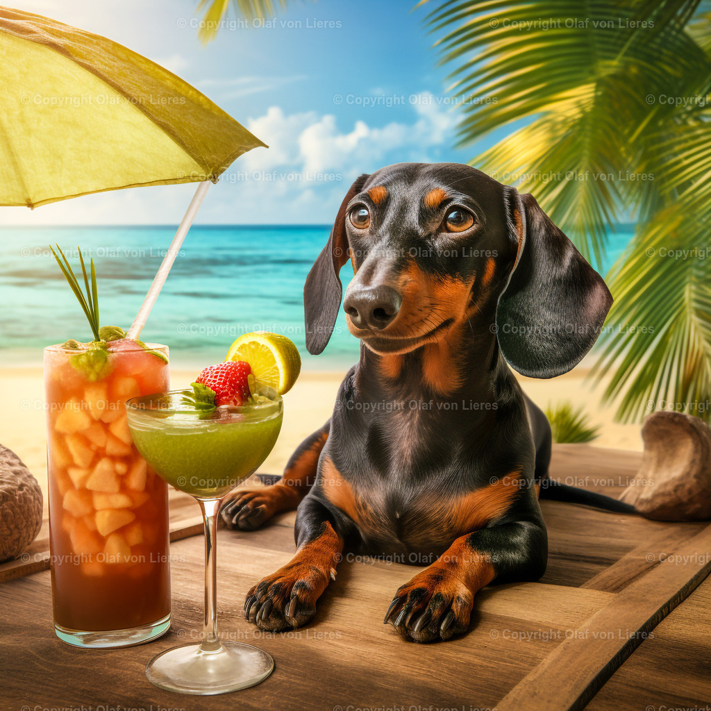 Dackel am Strand mit Cocktail | Dackel mit Drink und Sonnenschirm am Strand