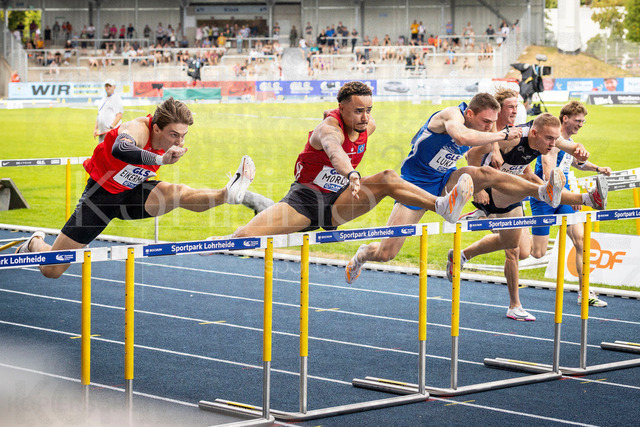 Deutsche Leichtathletik-Meisterschaften; Bochum-Wattenscheid, 25.07.2026 | Tim Eikermann (TSV&nbsp;Bayer&nbsp;04&nbsp;Leverkusen) und Manuel Mordi (Hamburger  SV) über 110m Hürden; Deutsche Leichtathletik-Meisterschaften am 25.07.2026 im Lorheide-Stadion, Bochum-Wattenscheid (Nordrhein-Westfalen).