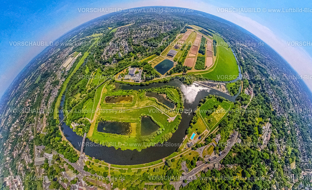 Essen250590046Ueberruhr | Luftbild, Wasserwerk Wassergewinnung Essen GmbH am Fluss Ruhr mit Ruhrbogen Überruhr, Erdkugel, Fisheye Aufnahme, Fischaugen Aufnahme, 360 Grad Aufnahme, tiny world, little planet, fisheye Bild, Überruhr-Hinsel, Essen, Ruhrgebiet, Nordrhein-Westfalen, Deutschland