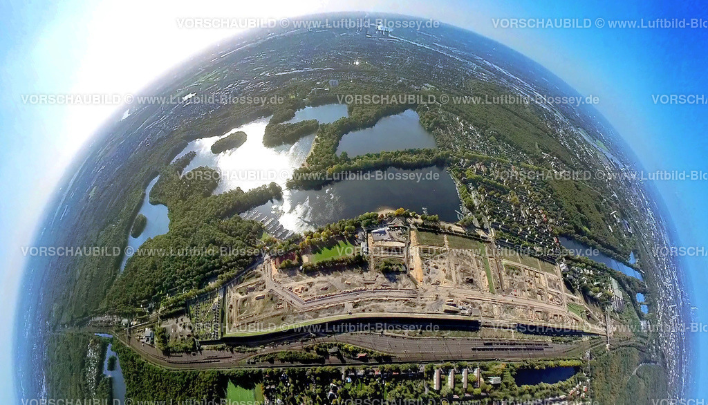 Duisburg221006_16_Wedaubaustelle_Sechs-Seen-Platte | Luftbild, Sechs-Seen-Platte, Baustelle für geplantes Duisburger Wohnquartier am ehemaligen Rangierbahnhof Wedau, Fisheye Aufnahme, Fischaugen Aufnahme, 360 Grad Aufnahme, Wedau, Duisburg, Ruhrgebiet, Nordrhein-Westfalen, Deutschland