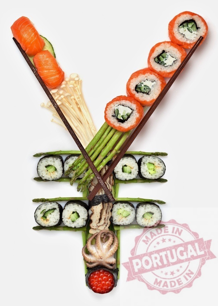 Japanese Yen symbol made from sushi and chopsticks | Sushi rolls and fresh ingredients forming the Yen currency symbol over white background - Realized with Pictrs.com
