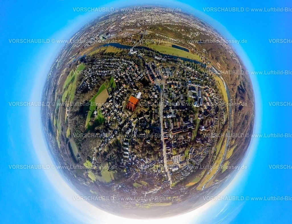 Witten240190034Bommern | Luftbild, Ortsansicht und Wohngebiet Ortsteil Bommern, Fluss Ruhr und Hauptverkehrsstraße Bodenborn, Tennisplätze des Tennisclub Bommern, Erdkugel, Fisheye Aufnahme, Fischaugen Aufnahme, 360 Grad Aufnahme, tiny world, little planet, fisheye Bild, Bommern, Witten, Ruhrgebiet, Nordrhein-Westfalen, Deutschland