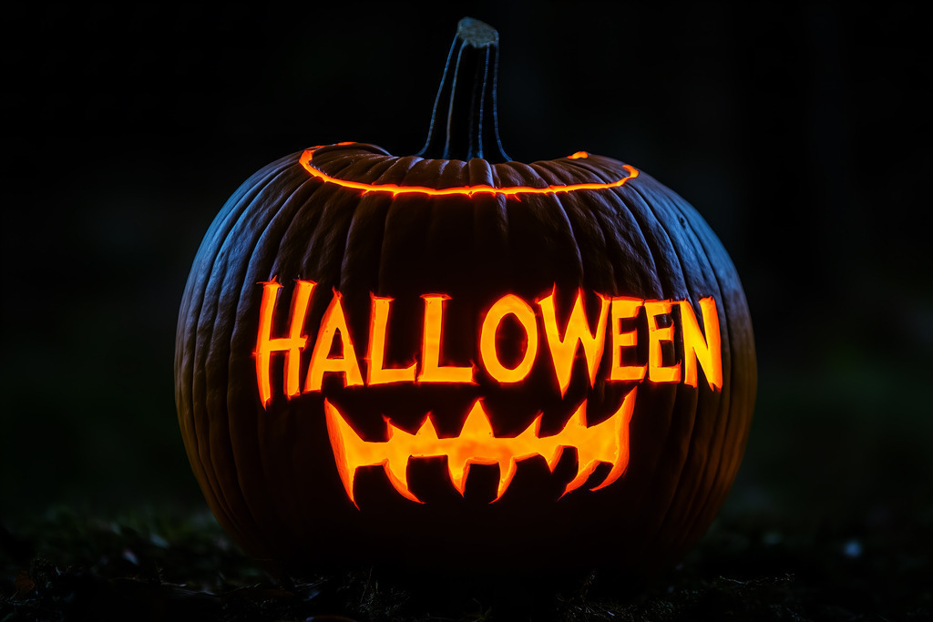 Halloweengrüße: Kürbis bei Dunkelheit mit der Aufschrift HALLOWEEN | Halloweengrüße: Kürbis bei Dunkelheit mit der Aufschrift HALLOWEEN - Realisiert mit Pictrs.com