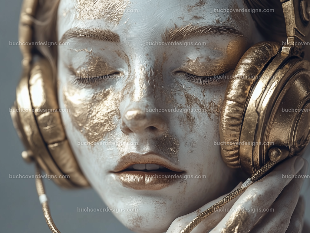 Gesicht einer Frau mit Kopfhörer (196) | white painted woman face wear a steel golden headphone and hold it with her hands, see the face - close up - studio light - vivid colors - high detail - realistic - photo - sureal --chaos 5 --ar 4:3 --stylize 50 --weird 100 --v 6.1 Job ID: 406446db-5687-4509-a418-8bbb48cfc667