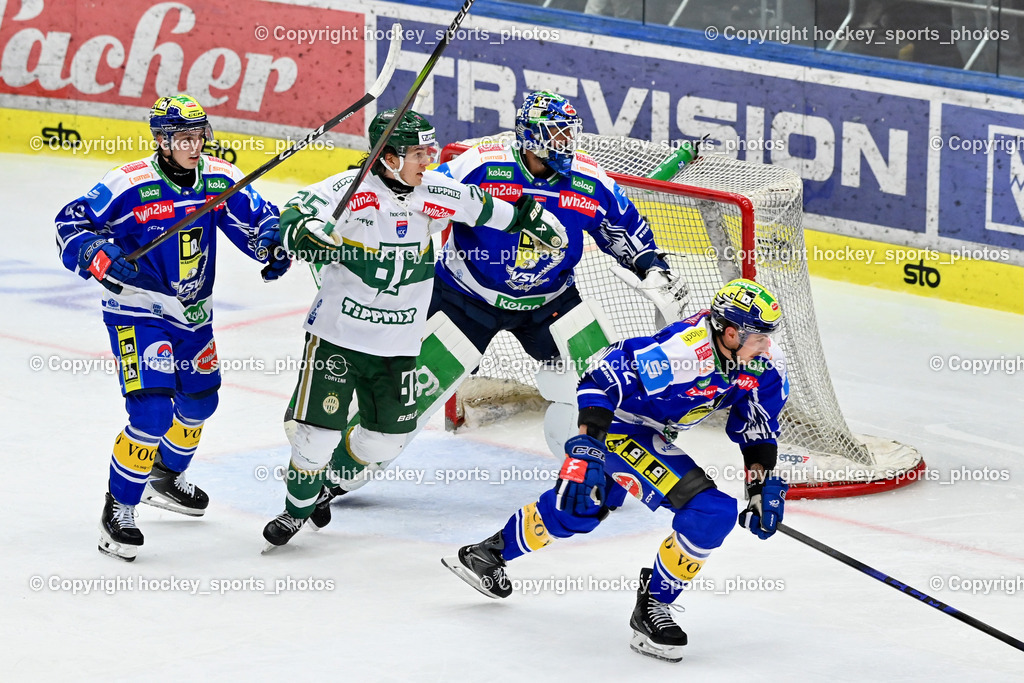 EC IDM Wärmepumpen VSV vs. FTC-TELEKOM JÉGKORONG | #2 Dylan MacPherson EC VSV, #35 Joe Cannata EC VSV, #43 Julian Raspotnig EC VSV, #25 Aku Kestila FTC-Telekom, EC IDM Wärmepumpen VSV vs. FTC-TELEKOM JÉGKORONG, EC IDM Wärmepumpen VSV vs. FTC-TELEKOM JÉGKORONG am 19.10.2025 in Villach (Stadthalle Villach), Austria, (Photo by Bernd Stefan)