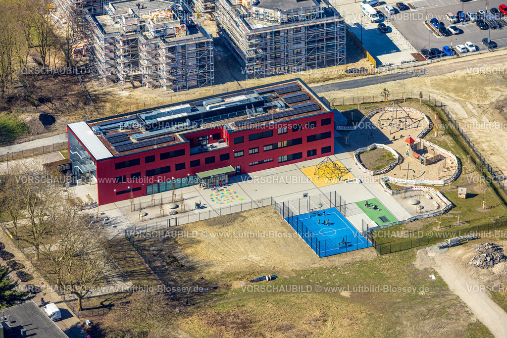 Herne250302037 | Luftbild, Kaiserquartier Herne, Baustelle mit Neubau einer Wohnanlage und Wohnsiedlung, Kita Lackmanns Hof Kindergarten und Hochhaus Wohnsiedlung, Baukau, Herne, Ruhrgebiet, Nordrhein-Westfalen, Deutschland