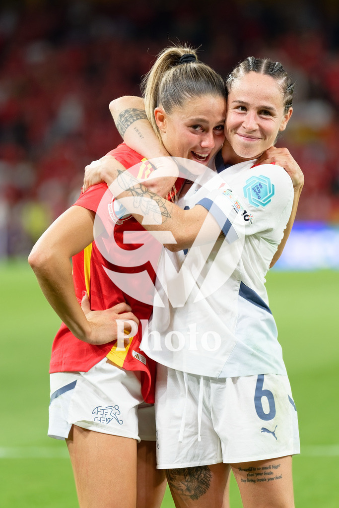 Spain v Switzerland - UEFA Women's EURO 2025 Quarter-Final | BERN, SWITZERLAND - JULY 18: Viola Calligaris  of Switzerland (L) and Geraldine Reuteler of Switzerland (R) smiles during the UEFA Women's EURO 2025 Quarter-Final match between Spain v Switzerland at Stadion Wankdorf on July 18, 2025 in Bern, Switzerland. (Photo by Giuseppe Velletri/Sports Press Photo/Getty Images)