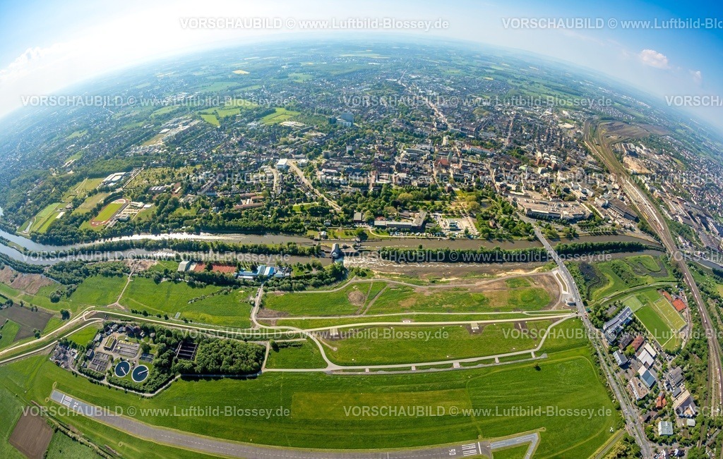 Hamm230500142-Bearbeitet-topaz | Luftbild, Lippeumbau, Lippestrand, Fischaugenaufnahme, fisheye, Datteln-Hamm-Kanal, Lippe Fluß, Nordpark, Stadtmitte, Flugplatz Hamm-Lippewiesen,  Stadtbezirk Heessen, Hamm, Ruhrgebiet, Nordrhein-Westfalen, Deutschland