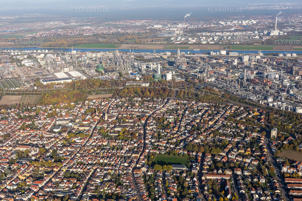Luftbild: Werksgelände des Chemieproduzenten BASF zwischen Rhein und Ortsteil Oppau am Rhein im Ortsteil Oppau in Ludwigshafen im Bundesland Rheinland-Pfalz in Deutschland. Foto: IMG_095545.jpg vom 30.10.2016 durch Werner Riehm/FLY-FOTO.de