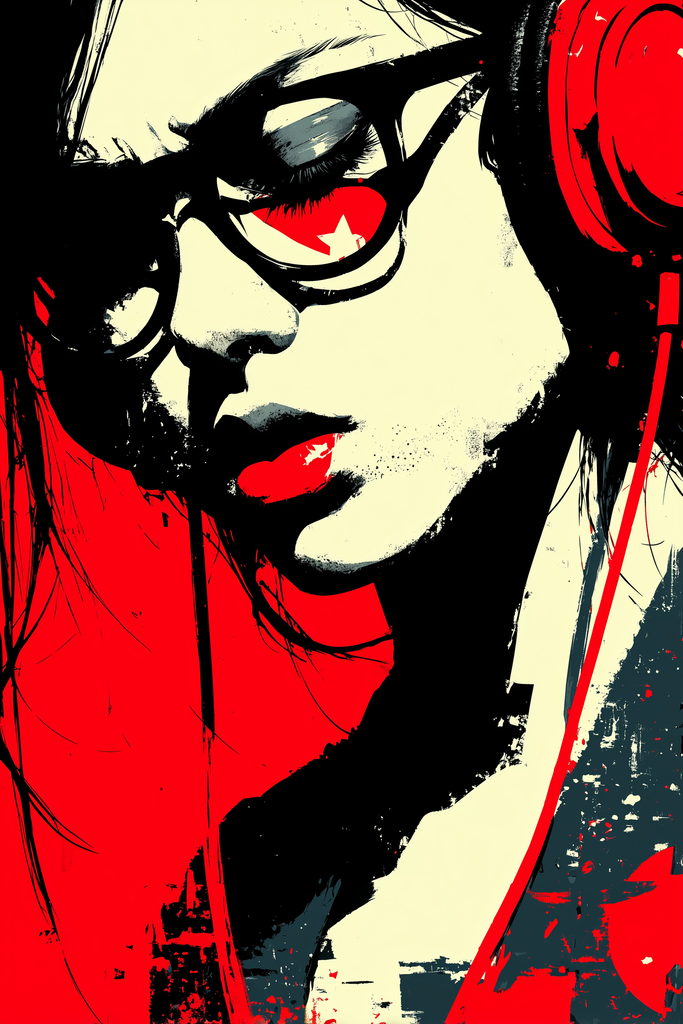 Poster: HER FREQUENCY – The Touch – Lost in sound. Found in herself. | Frau mit Kopfhörern und Brille in Schwarz-Weiß-Rot – modernes Musikposter aus der Kollektion HER FREQUENCY - Realisiert mit Pictrs.com