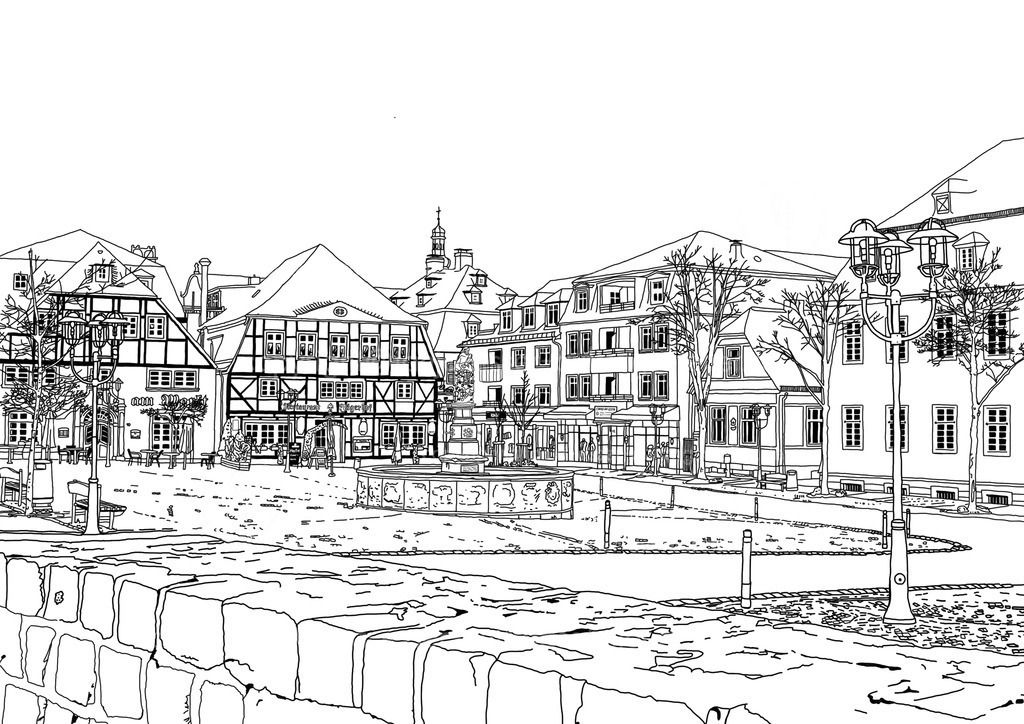Marktplatz | Illustration der Innenstadt von Brilon, im Hochsauerland. Der Marktplatz mit dem Petrusbrunnen ist zu sehen sowie historische Architektur, teilweise mit Fachwerk. Außenlinien zum Ausmalen und Colorieren. 