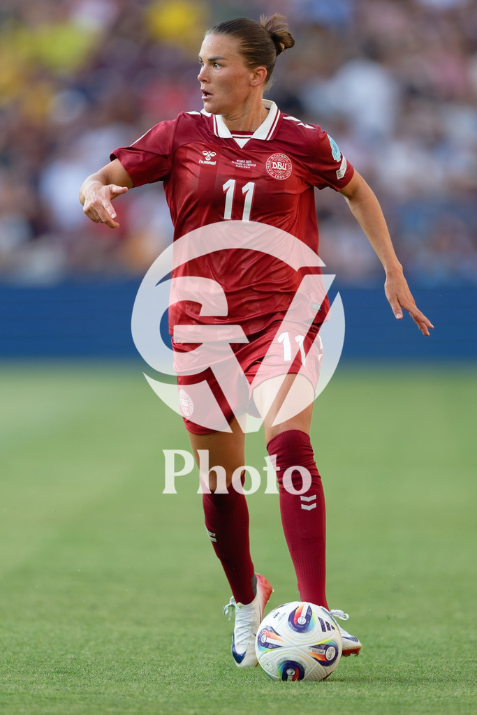 Denmark v Sweden - UEFA Women's EURO 2025 Group C | GENEVA, SWITZERLAND - JULY 4: Katrine Veje of Denmark controls the ball  during the UEFA Womens EURO 2025 Group C match between Denmark and Sweden at Stade de Geneve on July 4, 2025 in Geneva, Switzerland. (Photo by Giuseppe Velletri/Sports Press Photo/Getty Images)